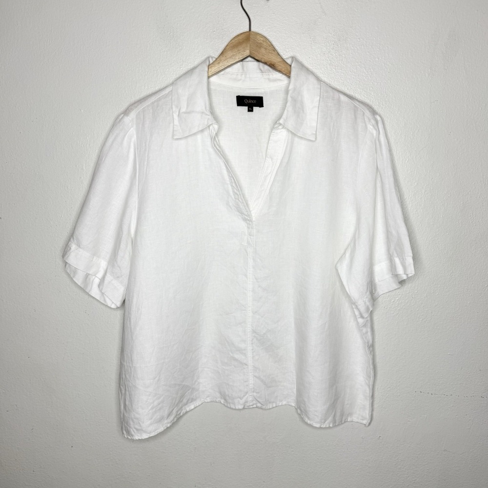 Quince 100% European Linen Short Sleeve White Popover Top Minimalist Women's XL